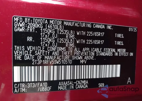 2025 Toyota Rav4 Xle from USA, damaged, VIN 2T3P1RFV5SW510510